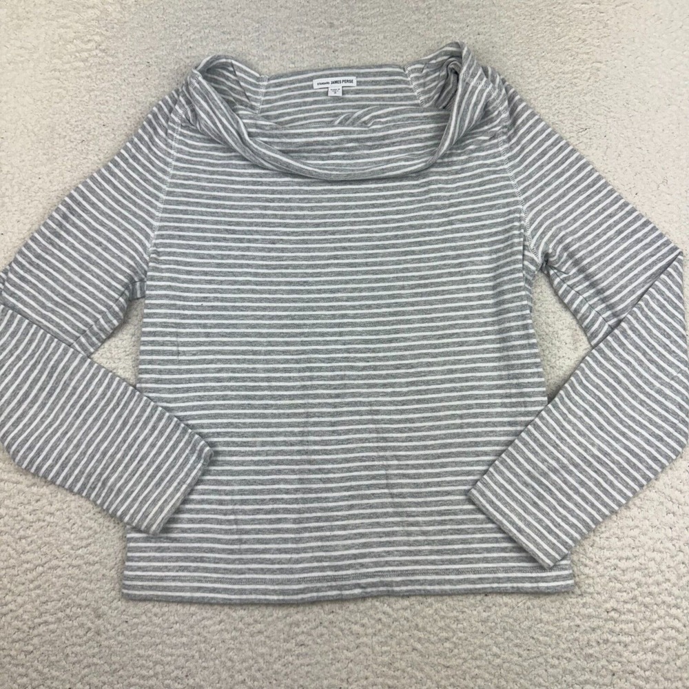 James Perse Standard Top Womens 3 Pullover Cowl Neck Striped Knit White Gray